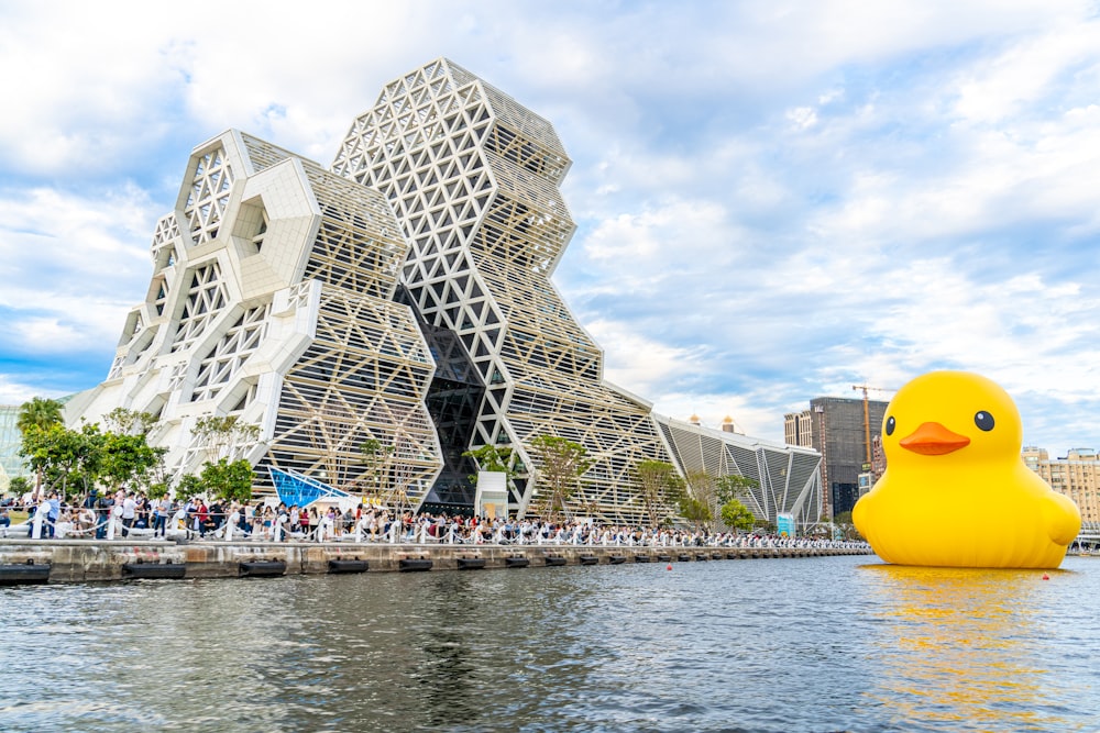 a yellow rubber duck floating in a body of water