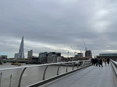 a group of people walking across a bridge