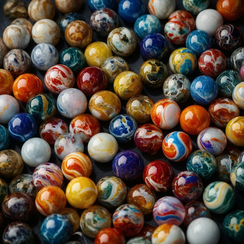 a pile of marble balls sitting on top of a table