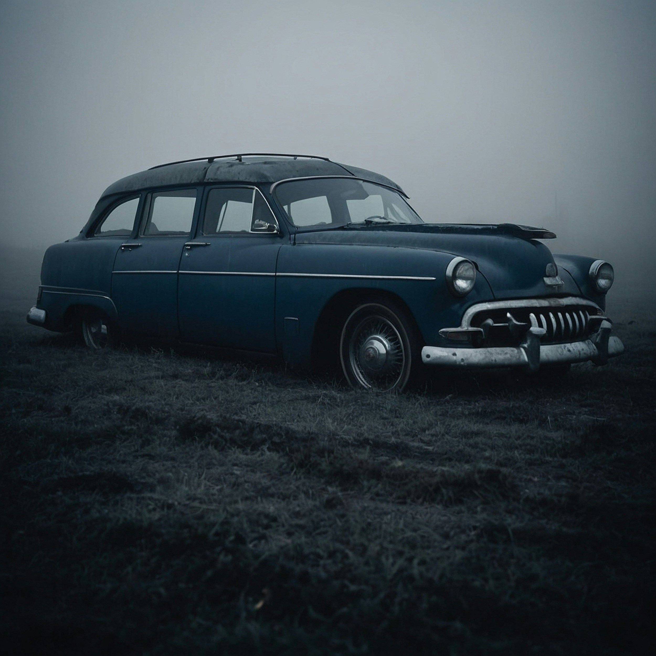 an old car parked in a field on a foggy day