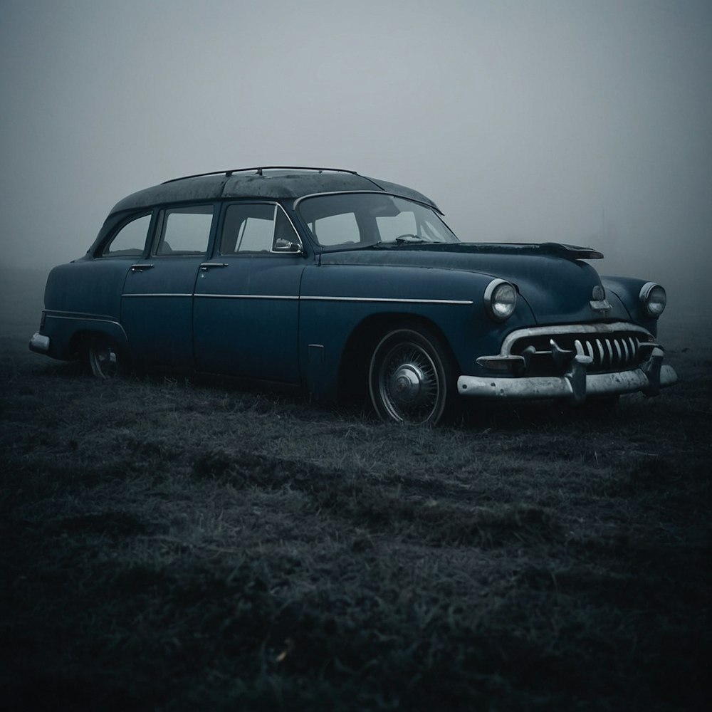 an old car parked in a field on a foggy day