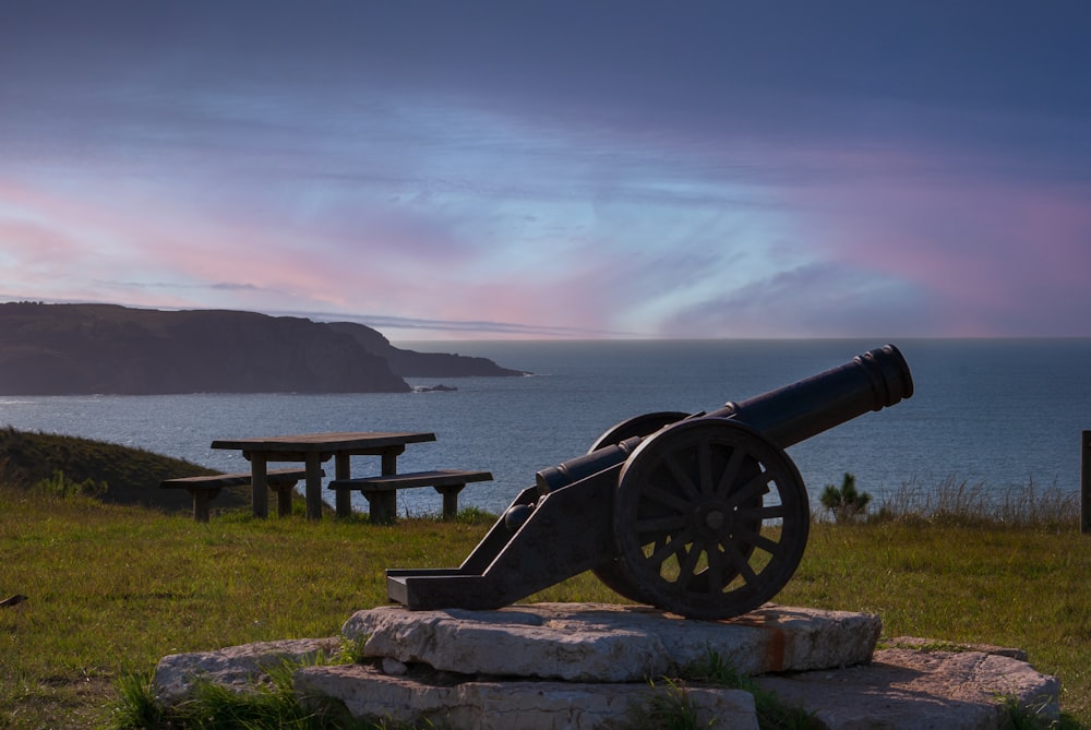 a cannon sitting on top of a rock near the ocean