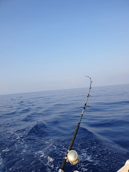 Big-game fishing rod mounted on a boat at sea