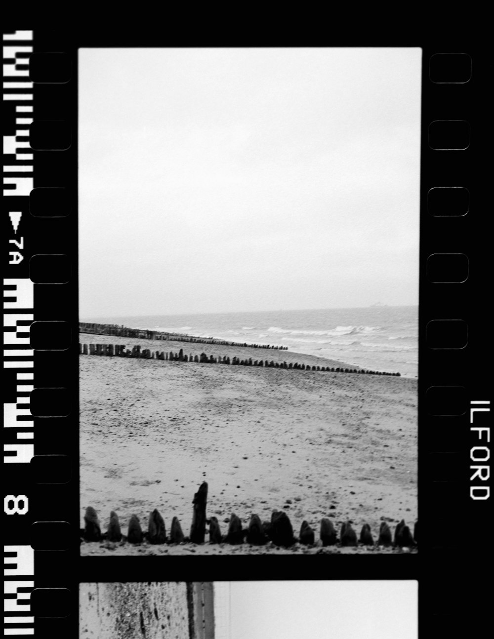 a black and white photo of a person standing on a beach