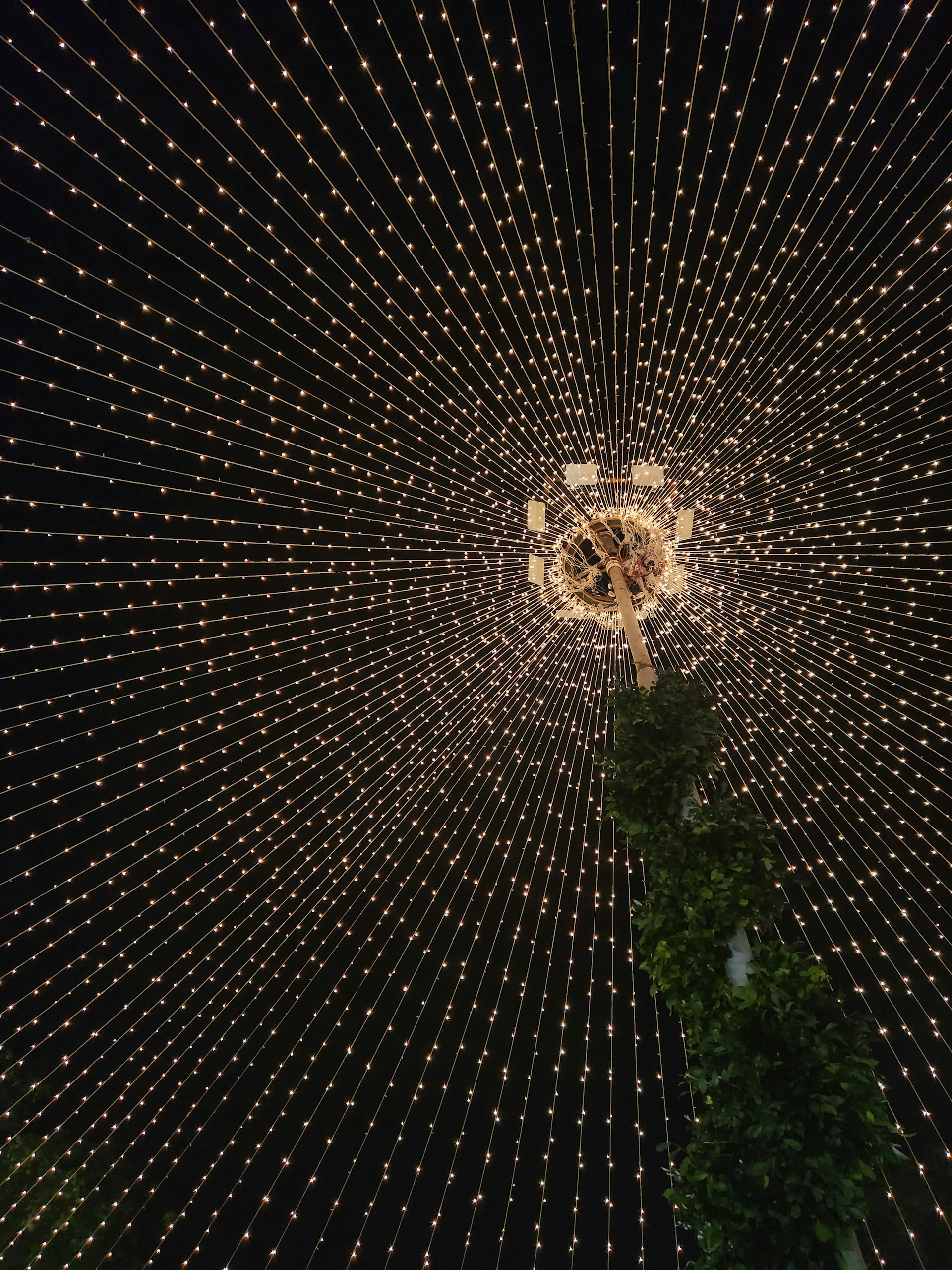 a very large umbrella covered in lots of lights