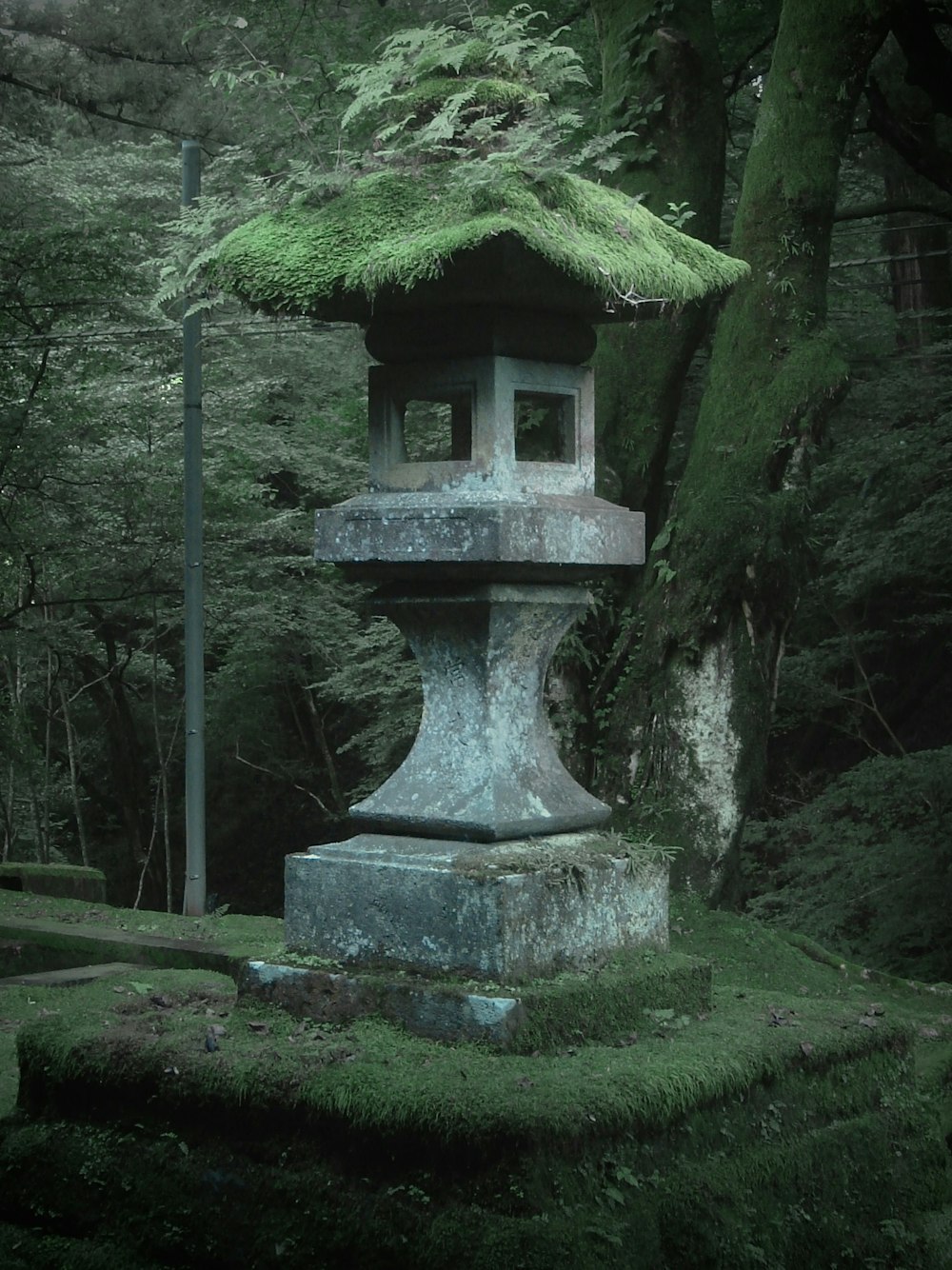a stone lantern with moss growing on top of it