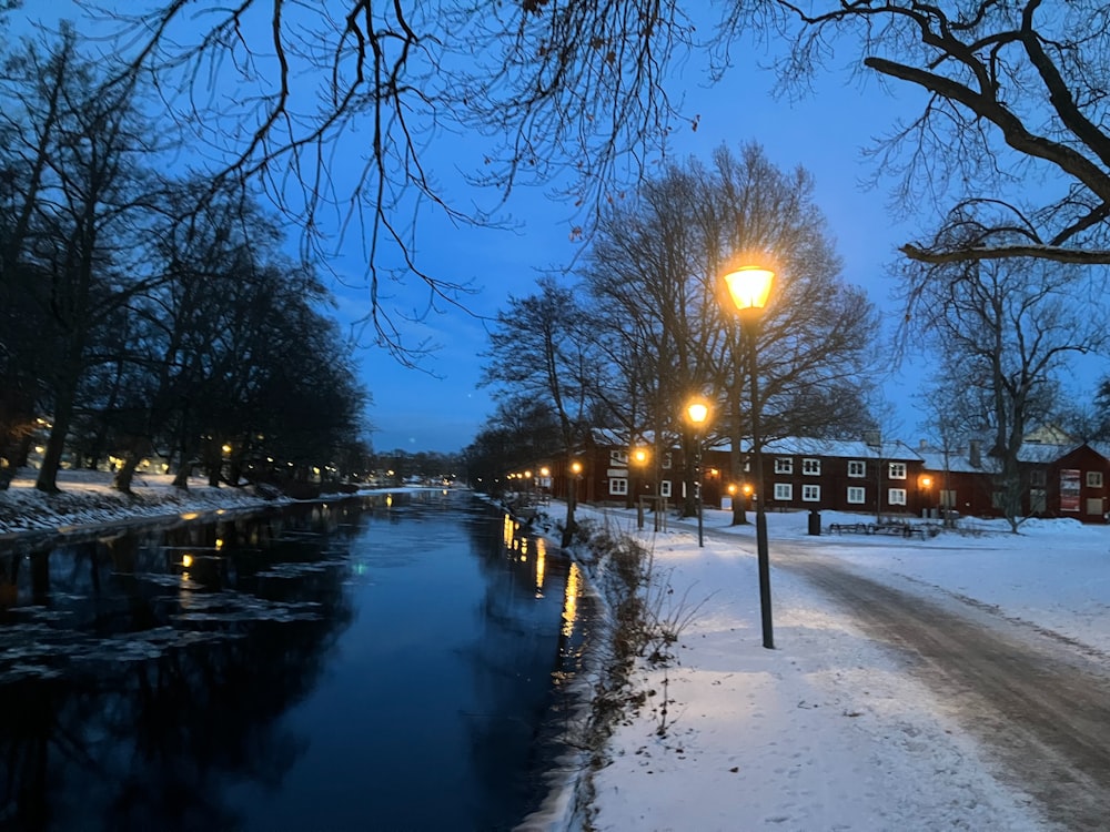 a street light on a snowy street next to a river