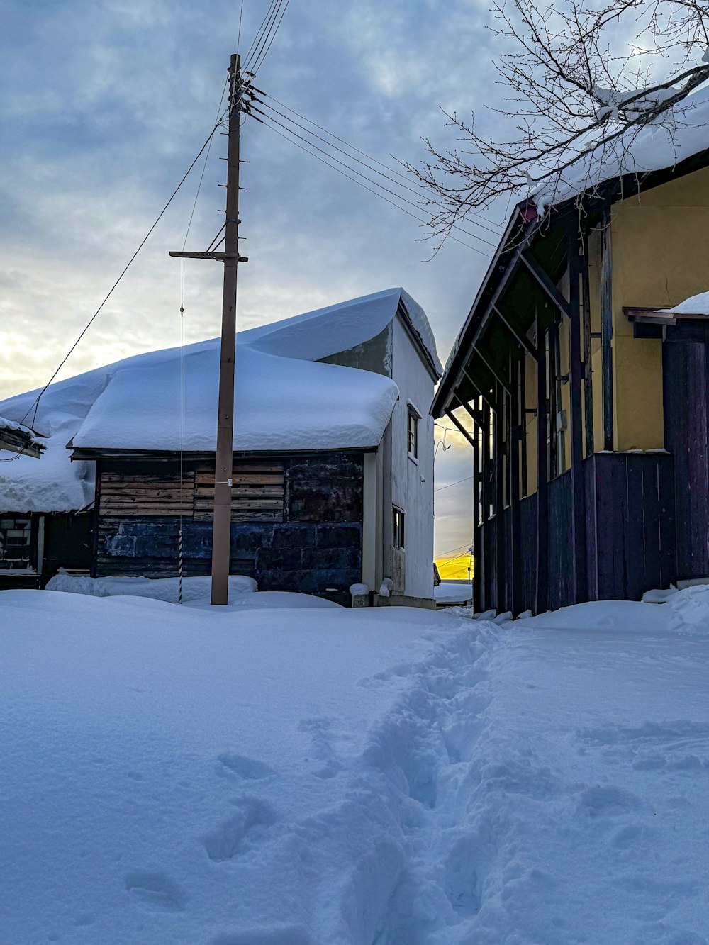 a snow covered street next to a building