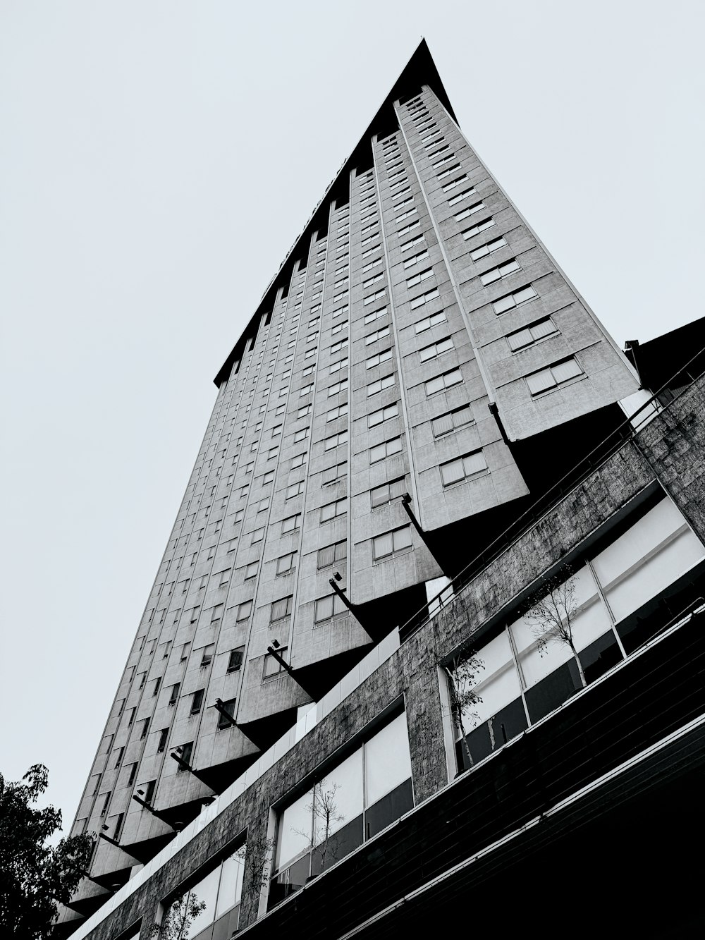 Una foto in bianco e nero di un edificio alto