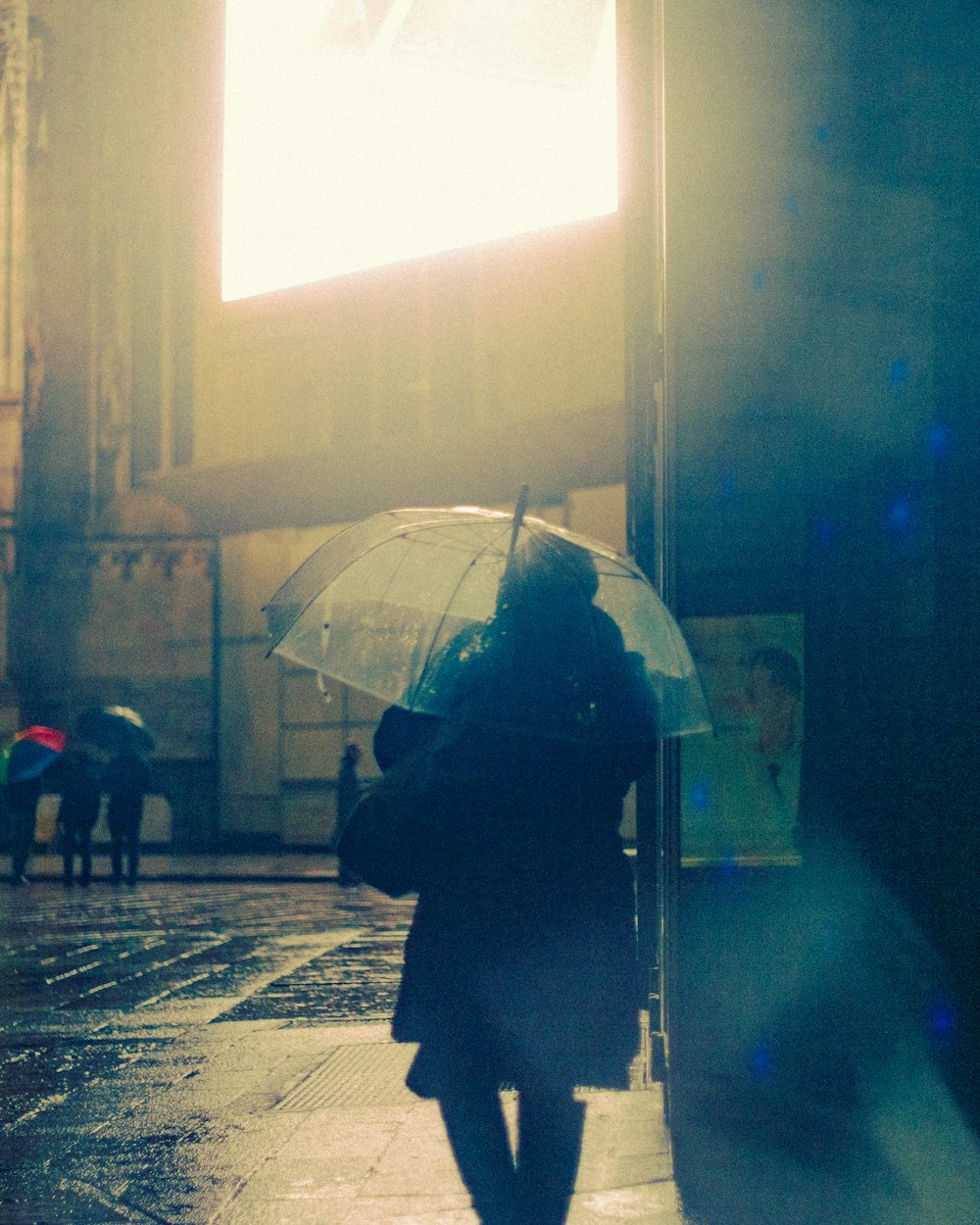 a woman walking down a street holding an umbrella