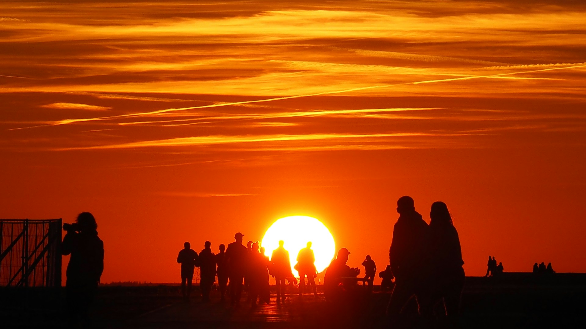 a group of people standing on a beach at sunset