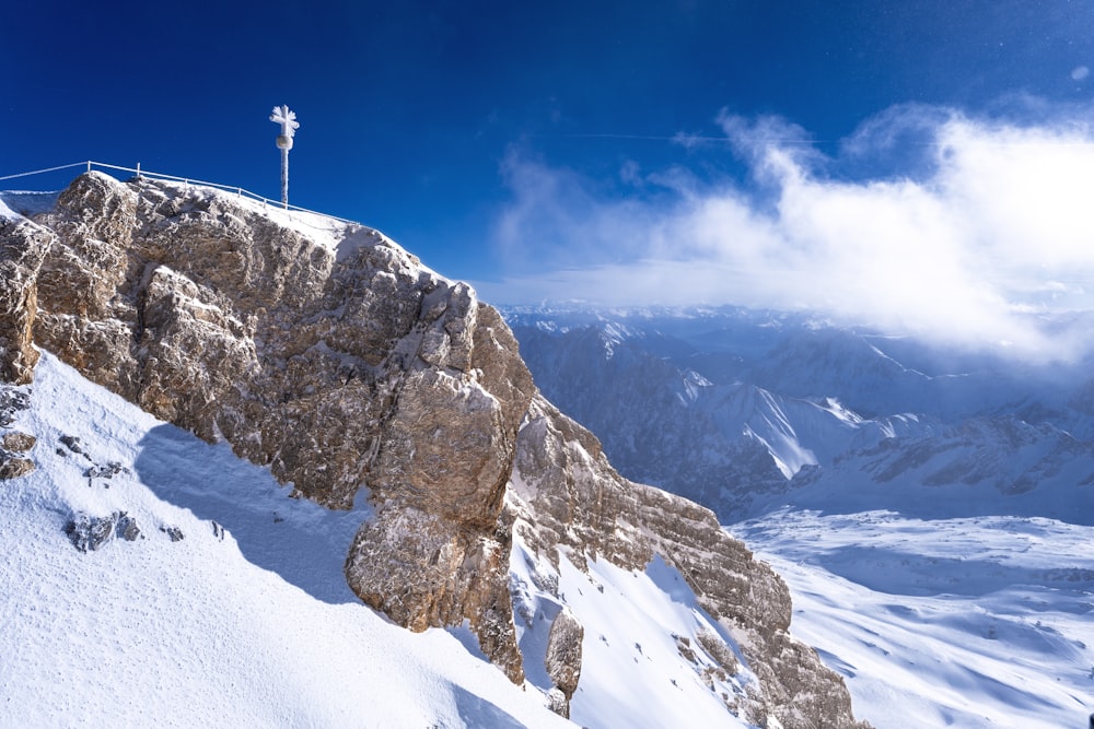 a man standing on top of a snow covered mountain