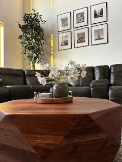 a living room with a couch and a table