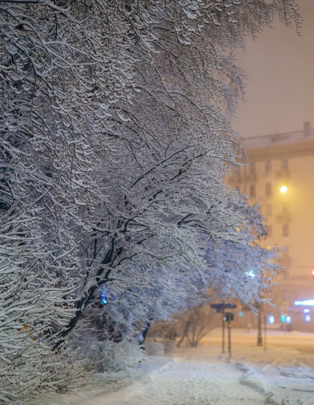 a snowy street with a traffic light in the distance