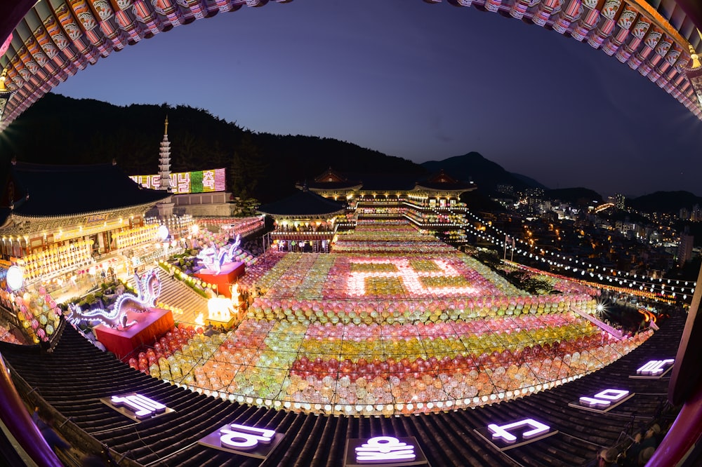 an aerial view of a city at night