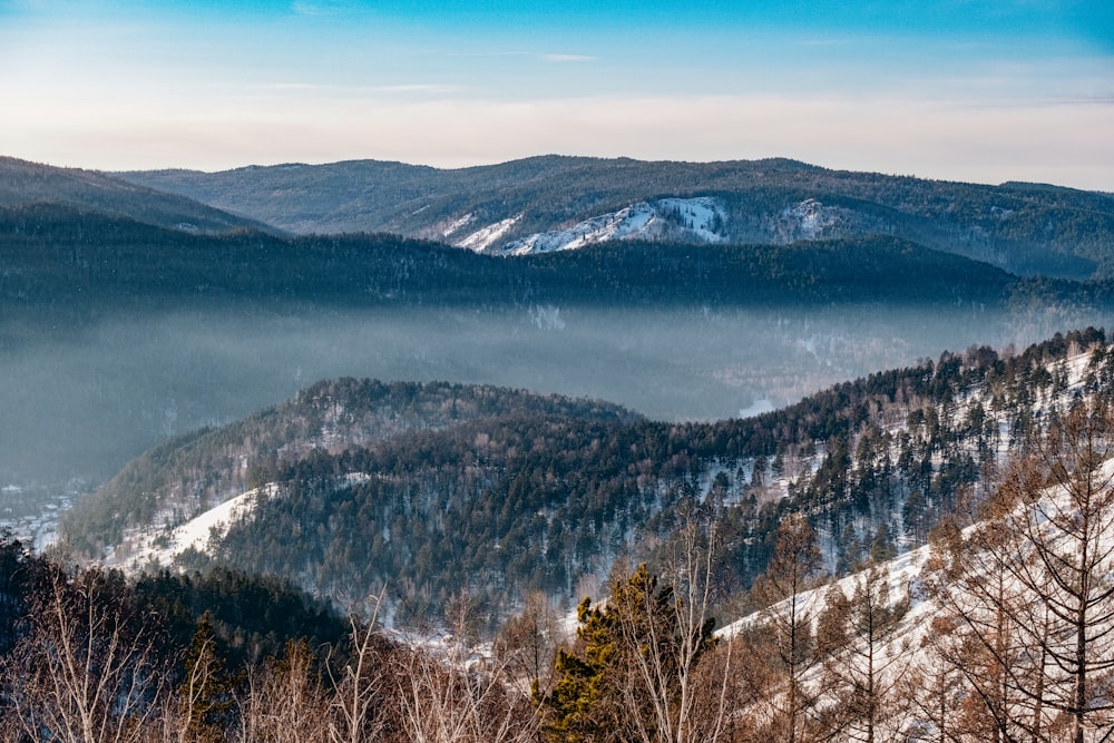 a view of a mountain range covered in snow