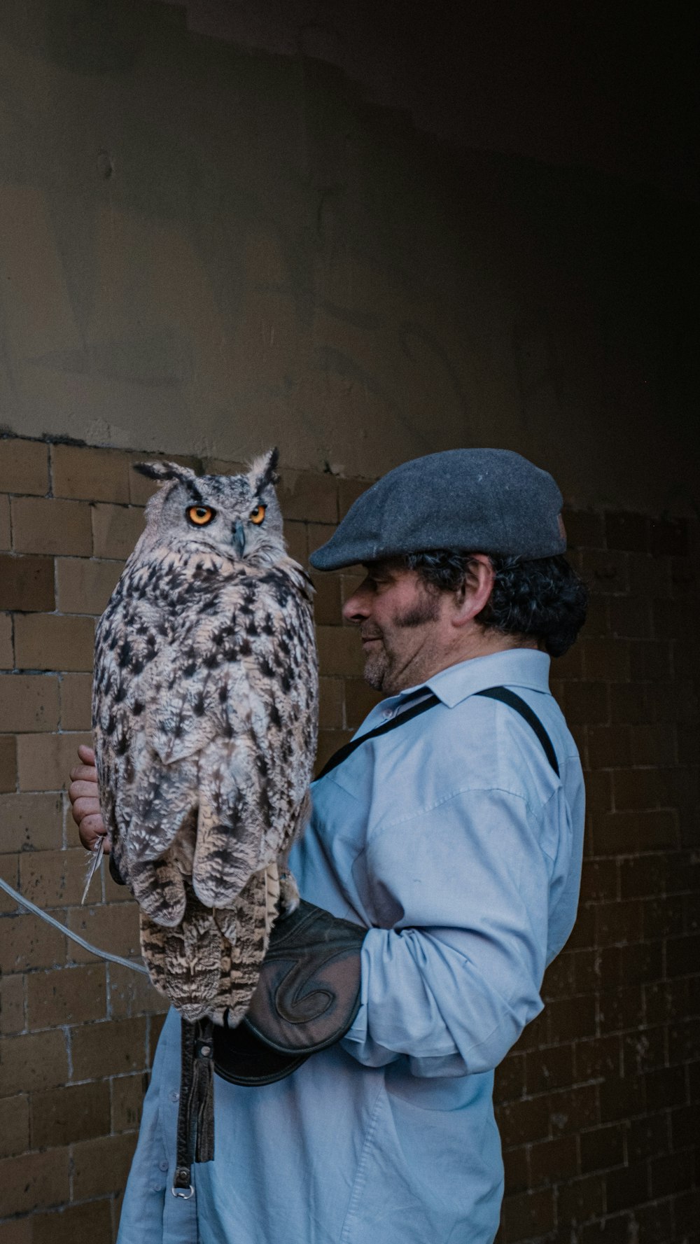 a man holding an owl in his right hand