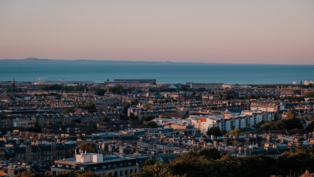 a view of a city with a body of water in the background