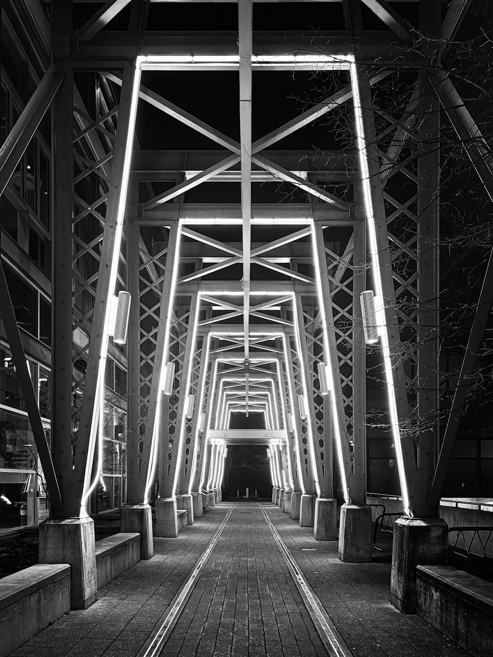 a black and white photo of a bridge