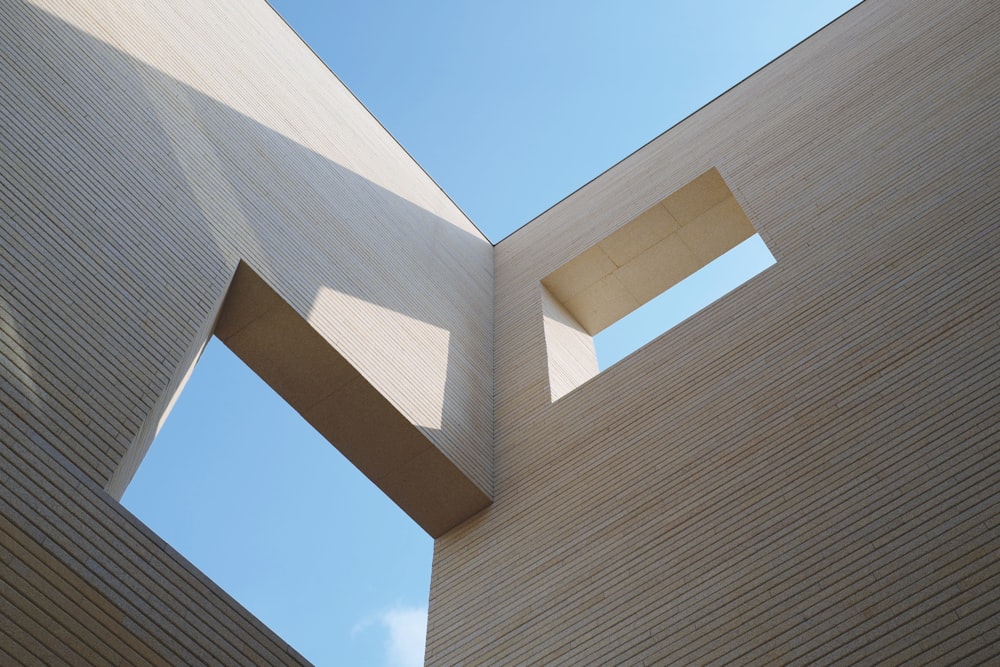 a view of the outside of a building from below