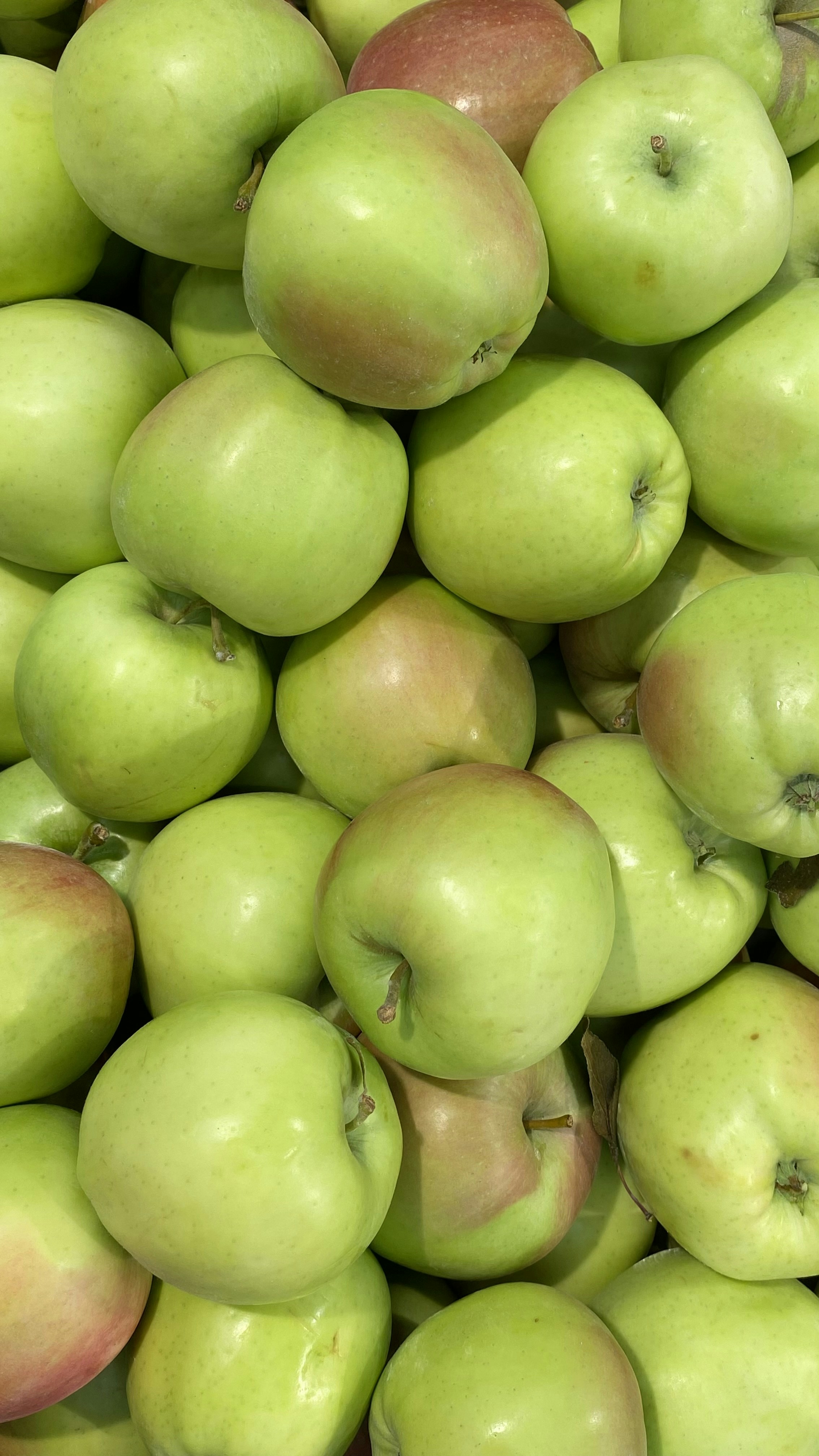 Bright red apples arranged in a pile, glistening with freshness, vivid crimson skin
