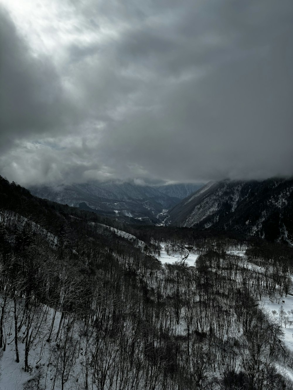 a view of a snowy mountain with trees and mountains in the background