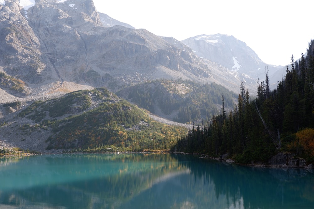 a lake surrounded by mountains and trees