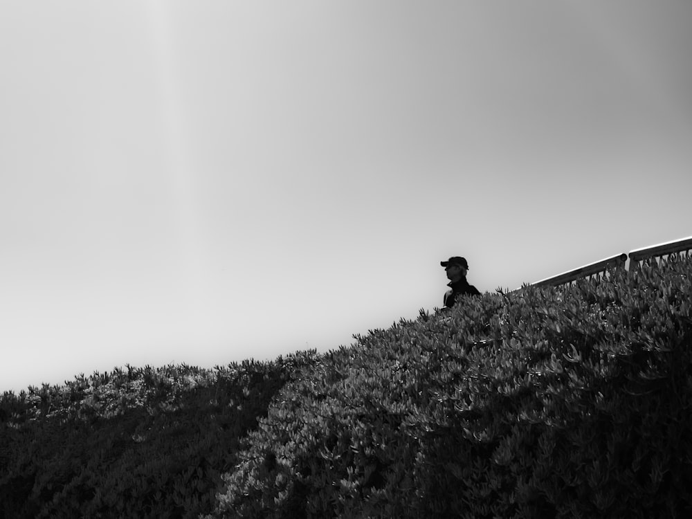 a black and white photo of a person on a hill