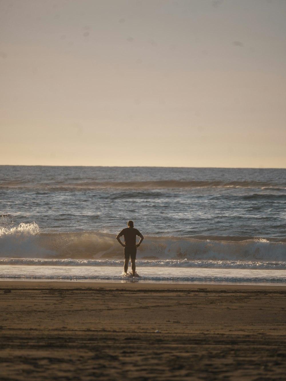 a person standing on a beach next to the ocean