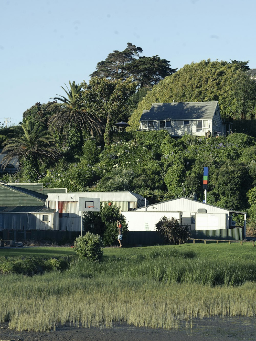 a house on a hill with trees in the background