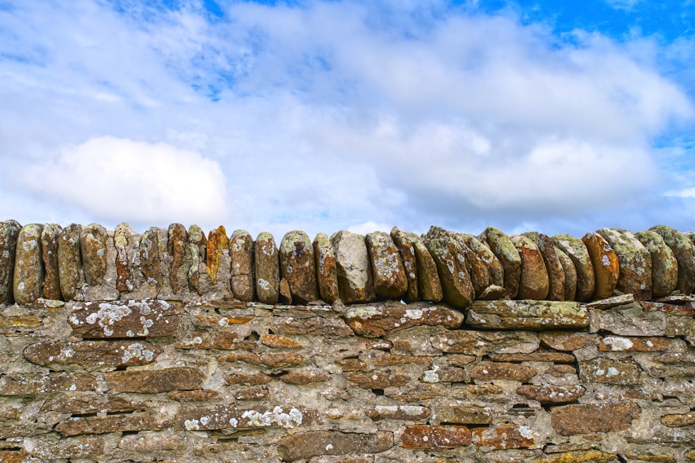 a stone wall with moss growing on it