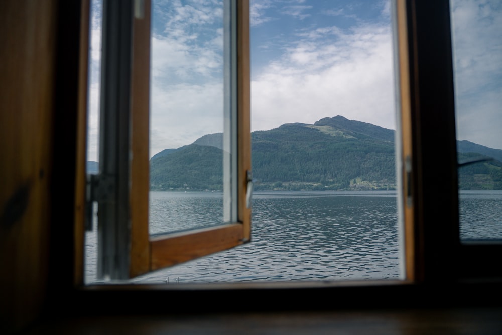 a view of a lake through a window