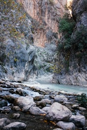 a river running through a canyon next to a mountain