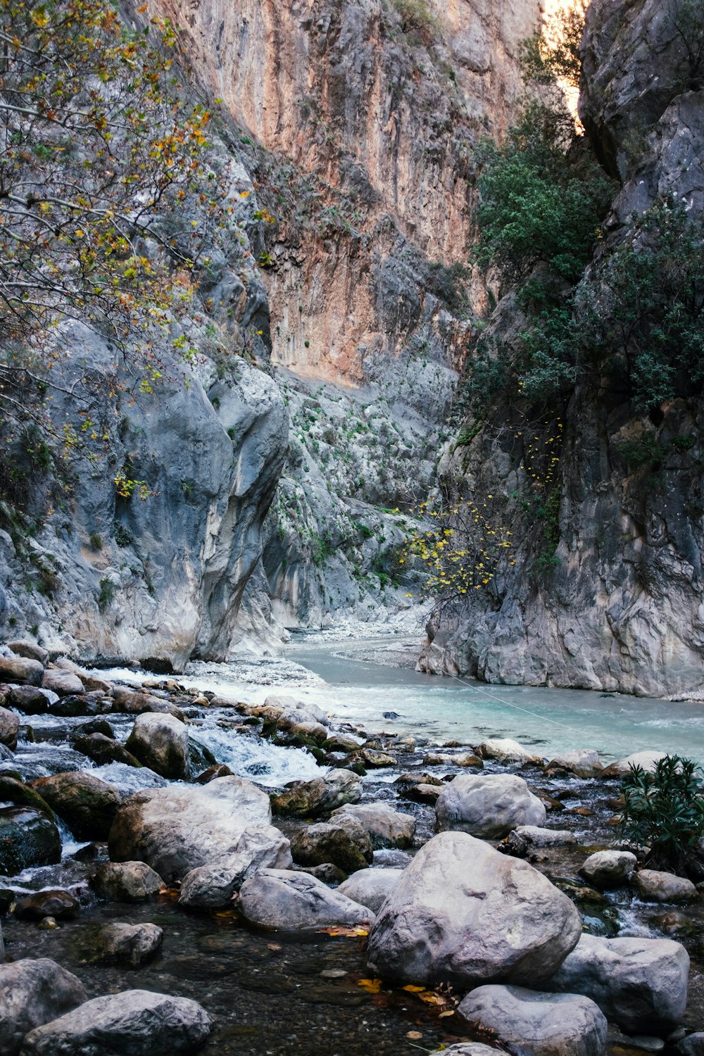 a river running through a canyon next to a mountain