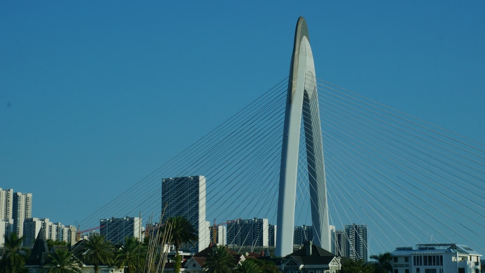 a tall bridge spanning over a city with tall buildings
