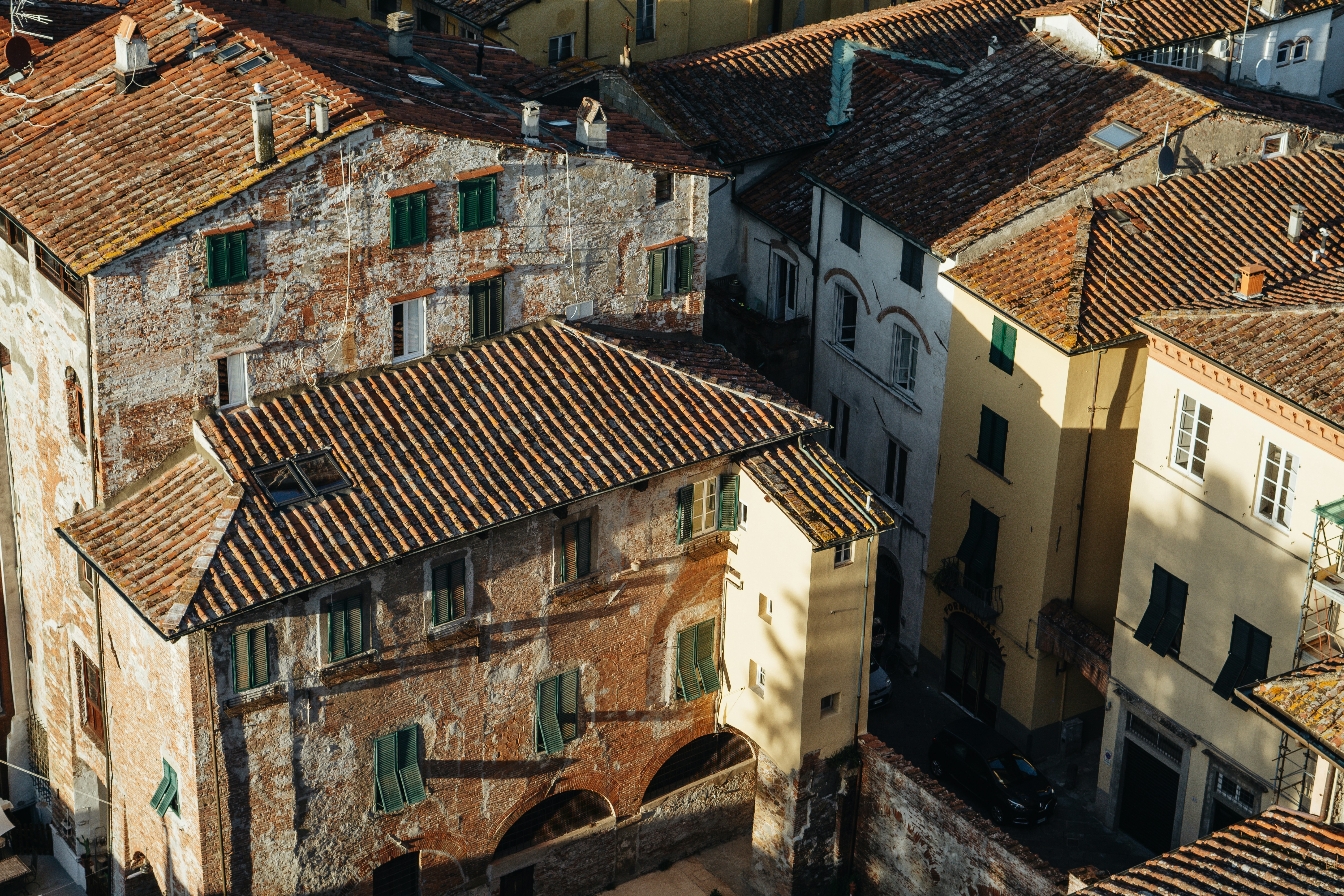 An aerial view of a city with old buildings