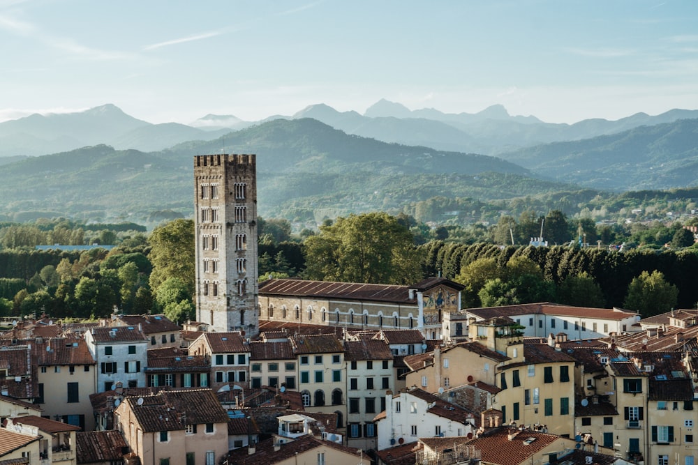 a view of a city with mountains in the background