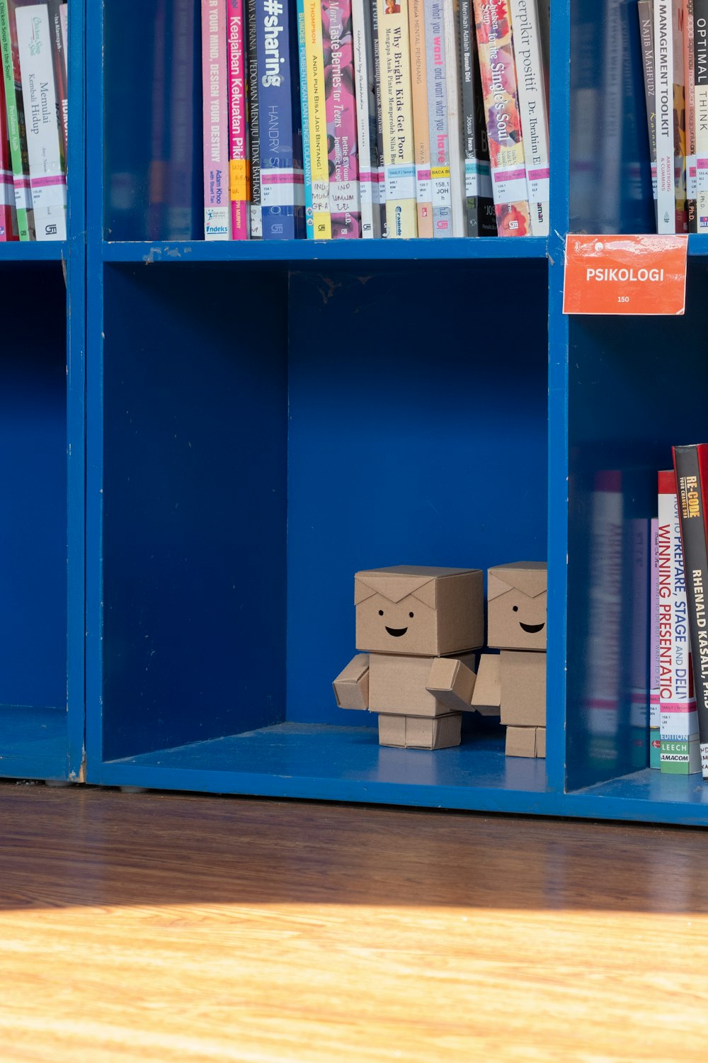 a blue book shelf filled with lots of books