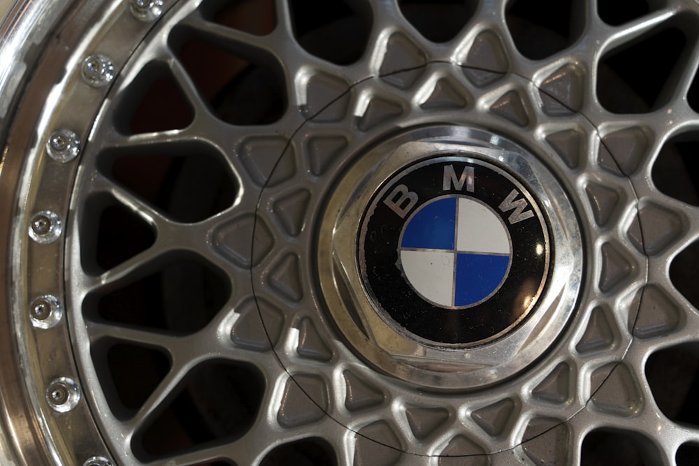 a close up of a wheel with a bmw logo on it