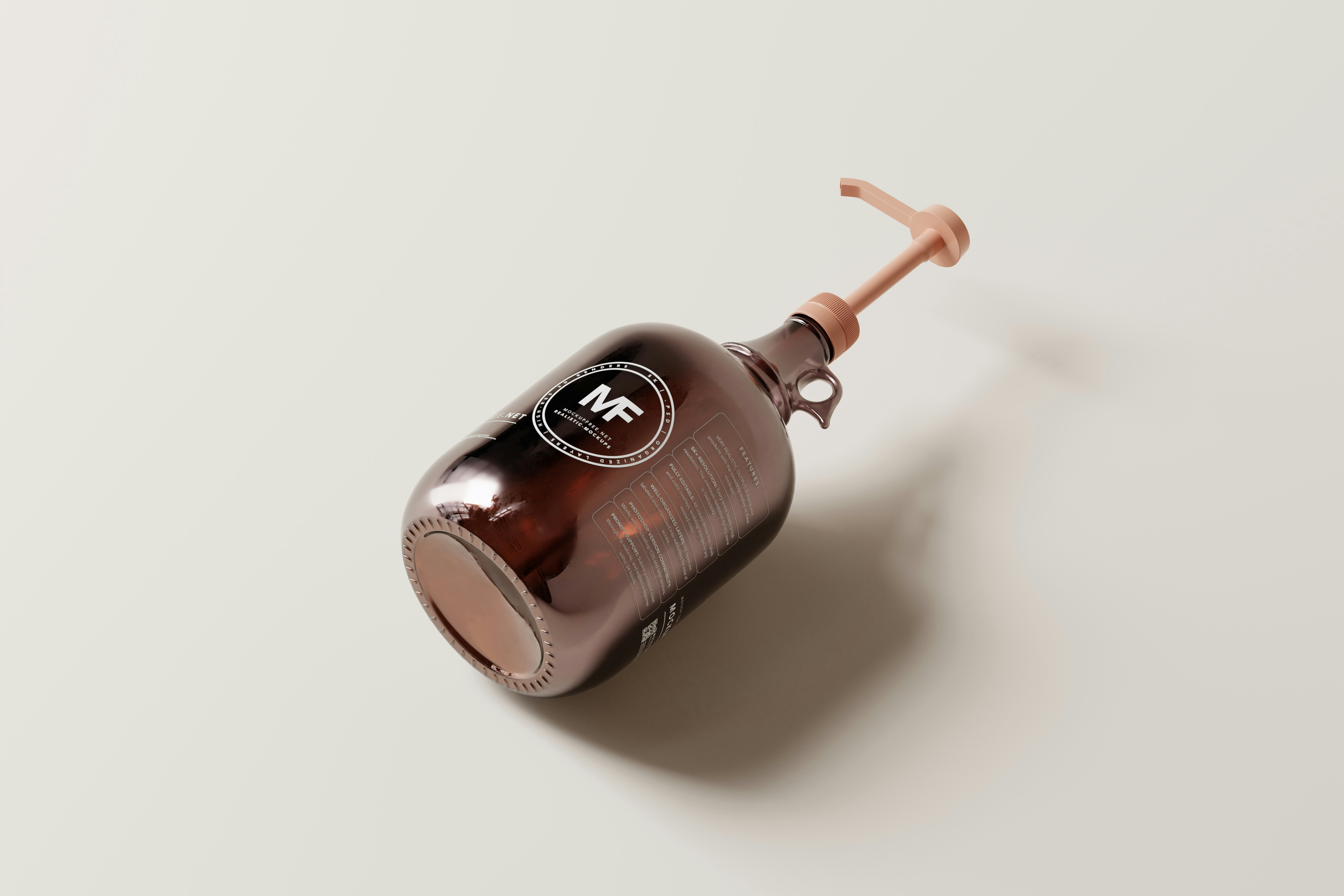 Amber Glass Gallon Pump Bottle Mockups glass pump bottle mockups featuring an amber glass Gallon Jug style pump bottle Download for free from Mockup Free website : https://mockupfree.net
