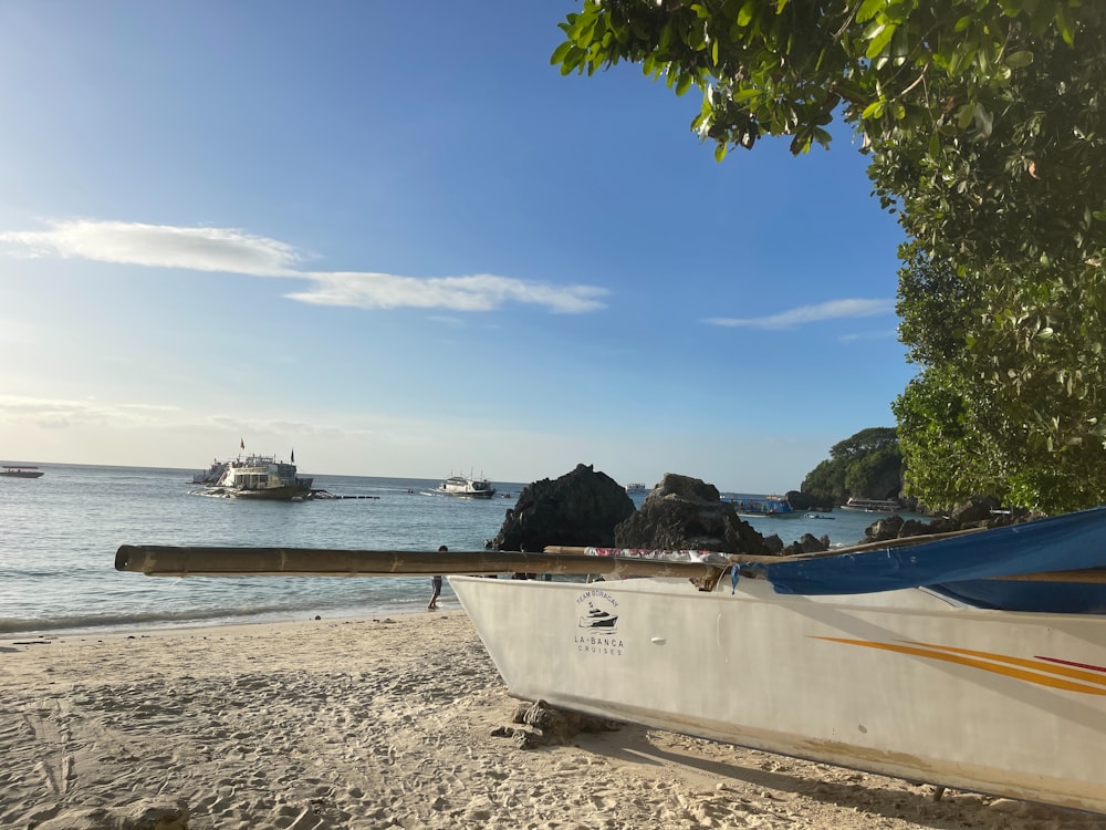 a boat on a beach near the ocean