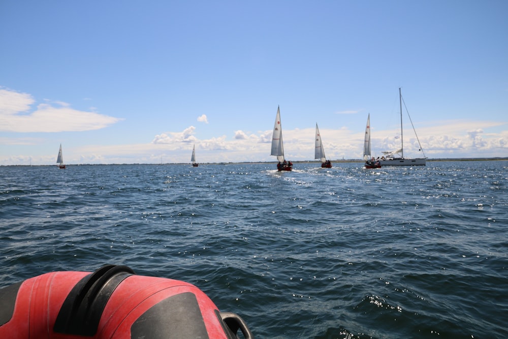 a group of sailboats in the ocean on a sunny day