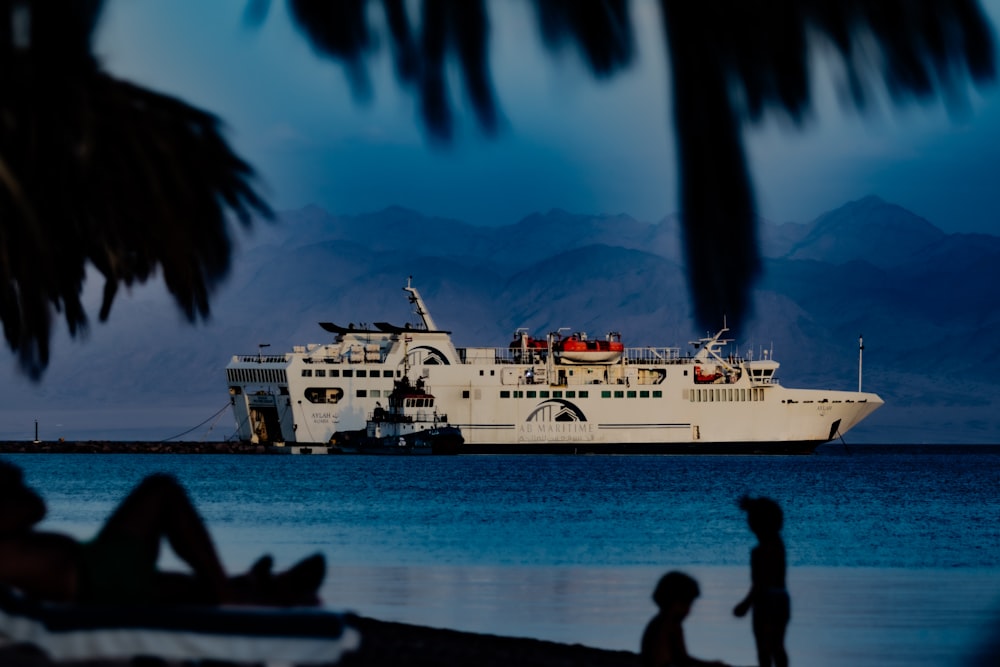 a large white boat sitting on top of a body of water