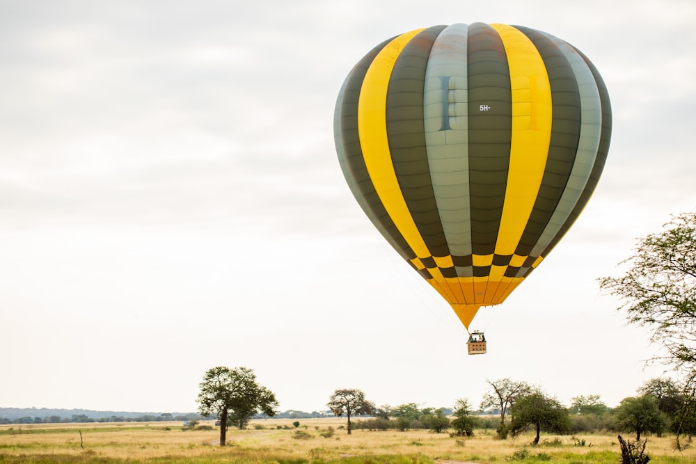 a large hot air balloon flying over a lush green field