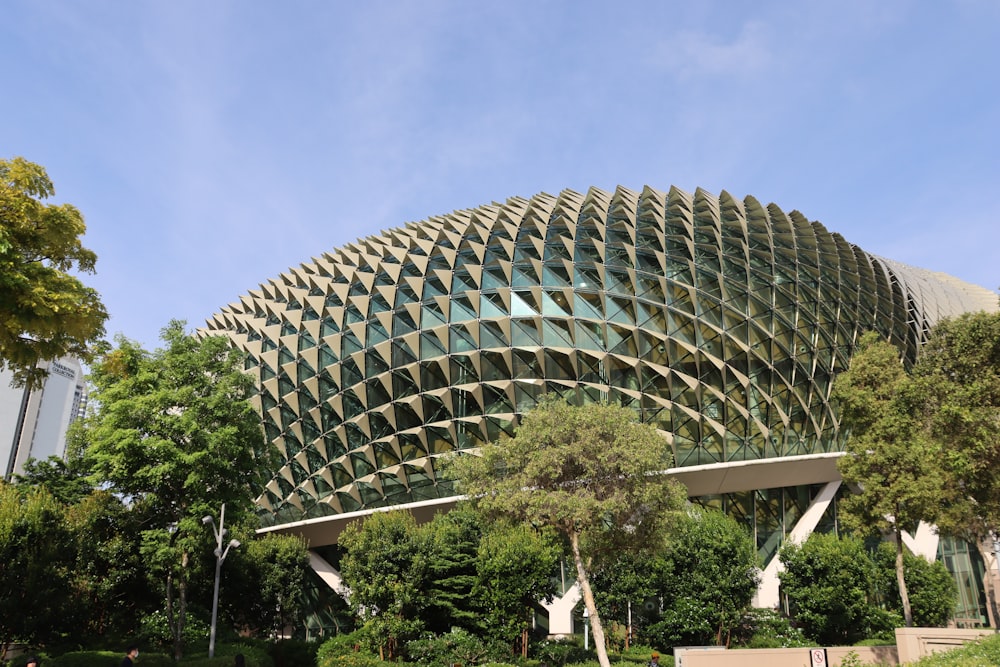 a large building with a circular design on top of it