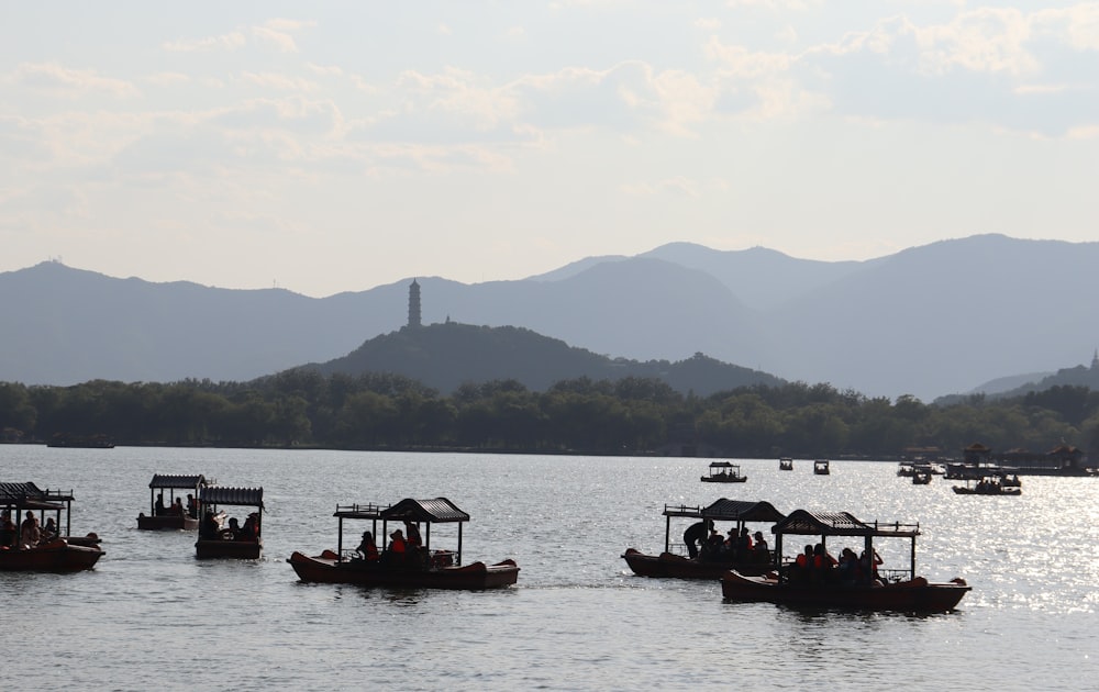 un gruppo di barche che galleggiano sulla cima di un lago