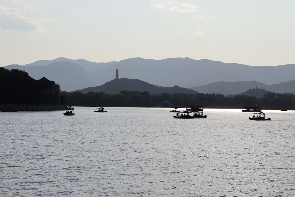 a number of small boats in a large body of water