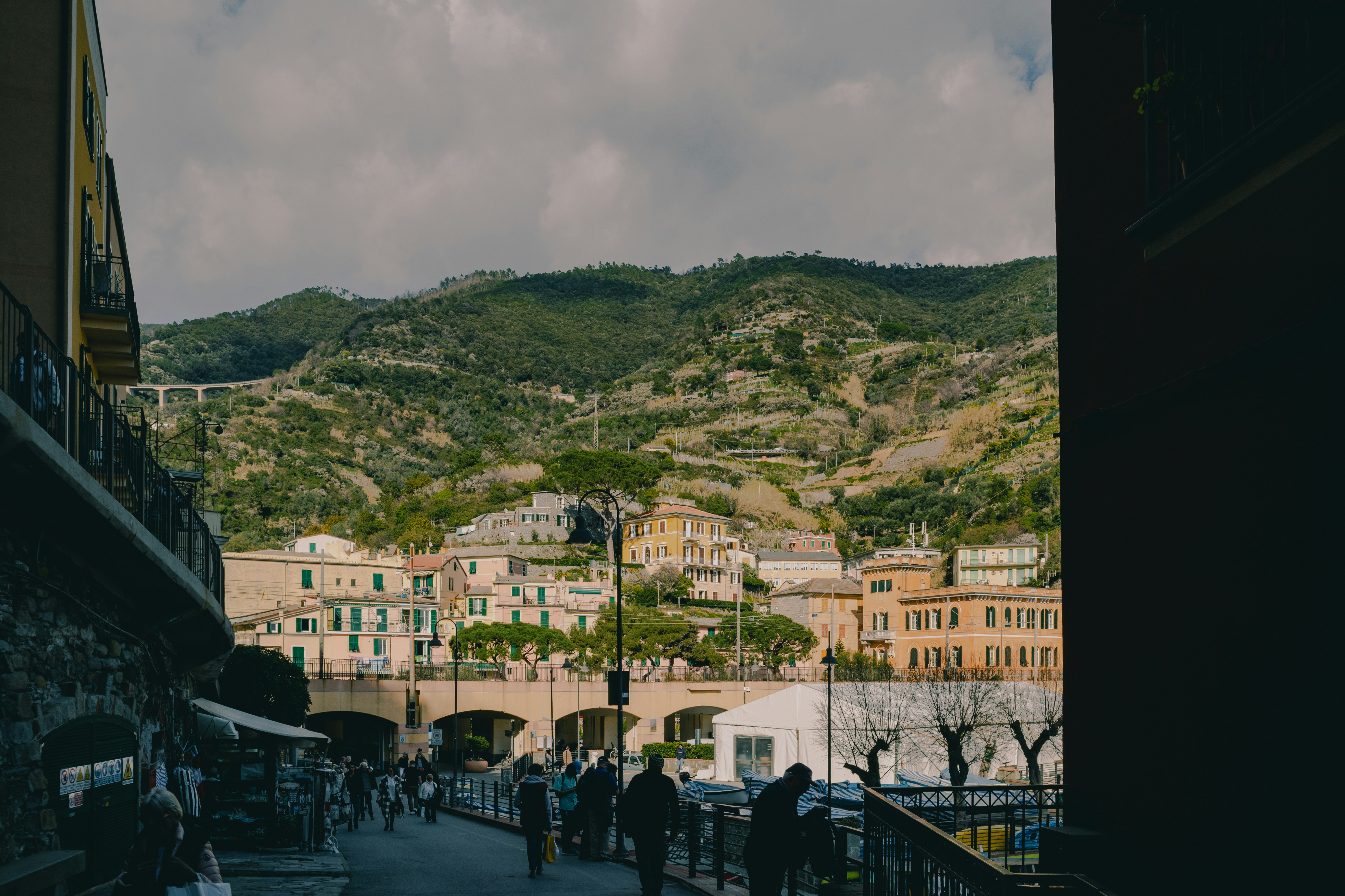 a group of people walking down a street next to a mountain