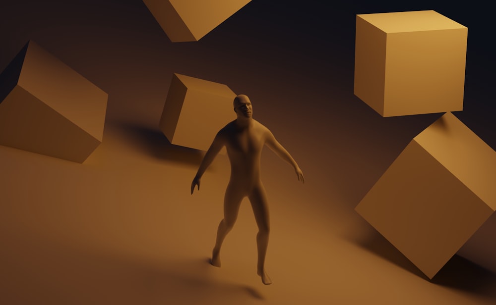 a man standing in front of a group of cubes