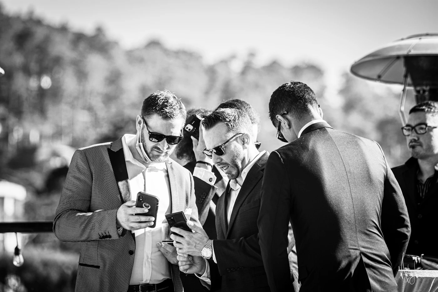Wedding guests holding phones at a celebration showing how guests with cameras can interfere with a professional photographer's line of sight during the ceremony